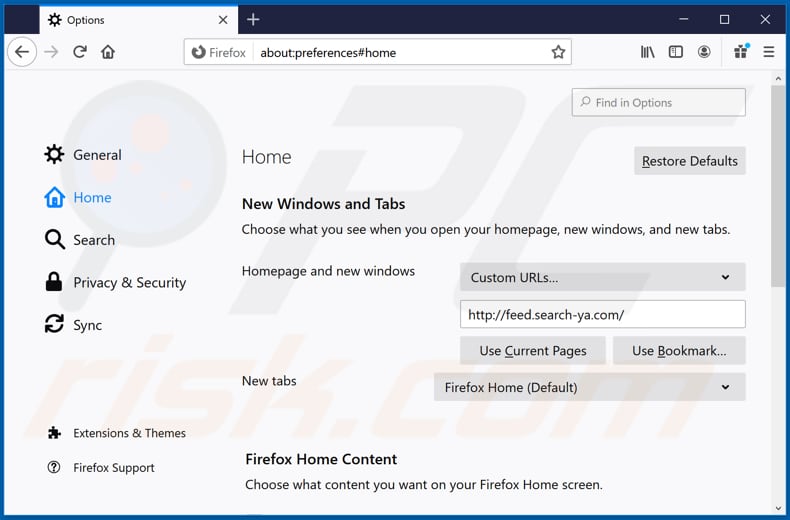 Verwijdering feed.search-ya.com uit Mozilla Firefox startpagina