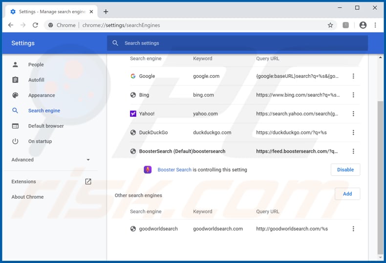 Verwijdering feed.boostersearch.com uit Google Chrome standaard zoekmachine