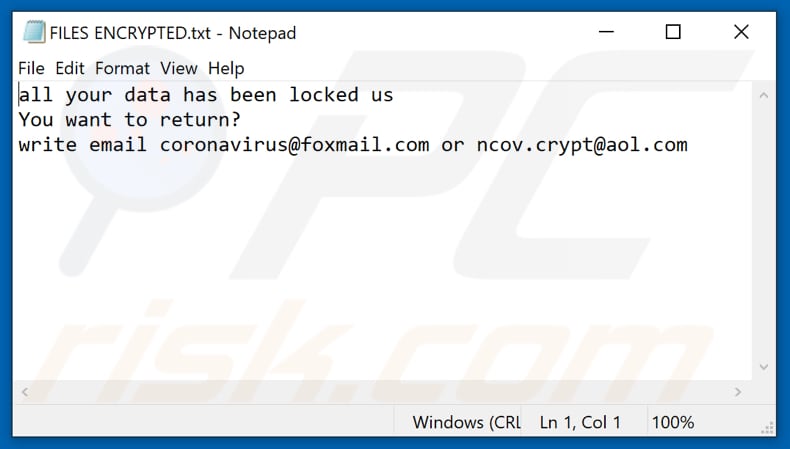 C-VIR ransomware tekstbestand (FILES ENCRYPTED.txt)