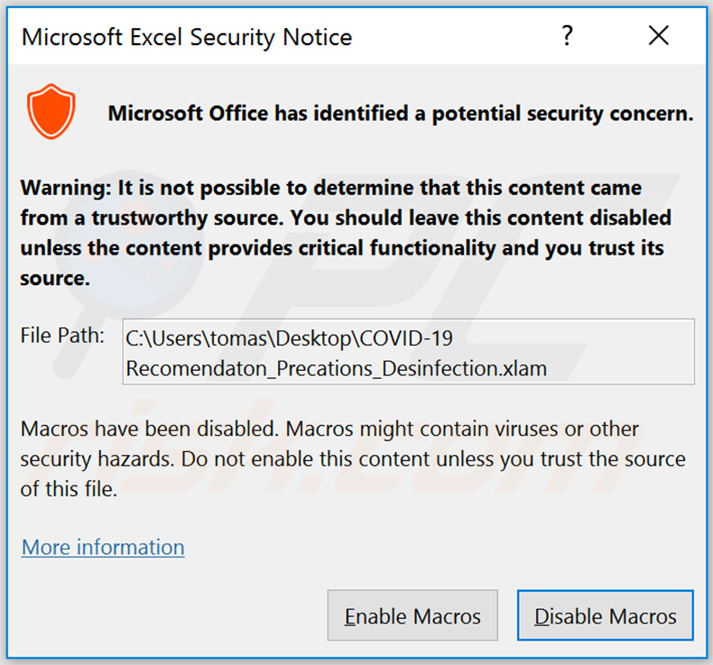 Pop-up vraagt om macro's in te schakelen zodra het kwaadaardige MS Excel-bestand wordt geopend