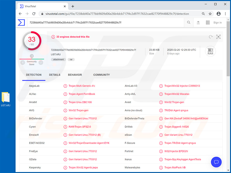 Kwaadaardig LIST.ARJ bestand wordt gebruikt om de FormBook trojan te verspreiden