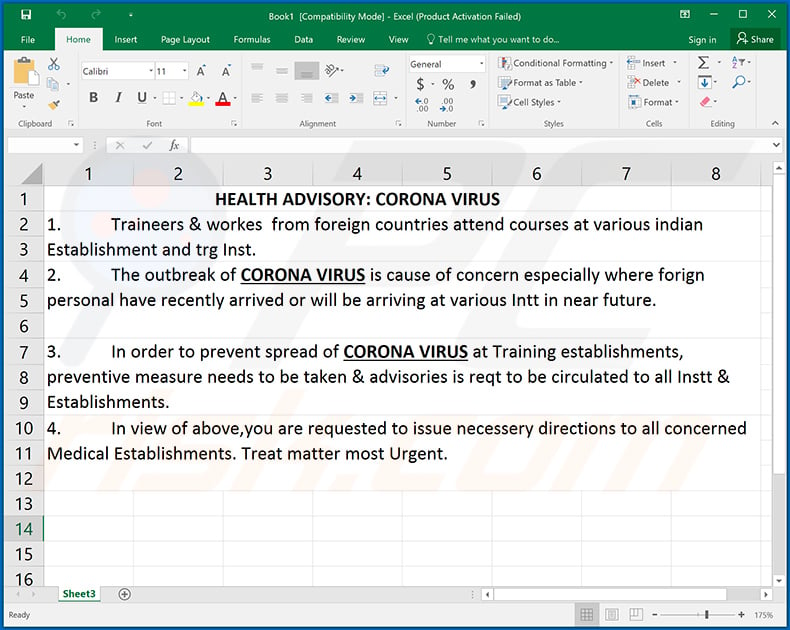 Kwaadaardig MS Excel-document over het coronavirus besmet systemen met Remcos RAT