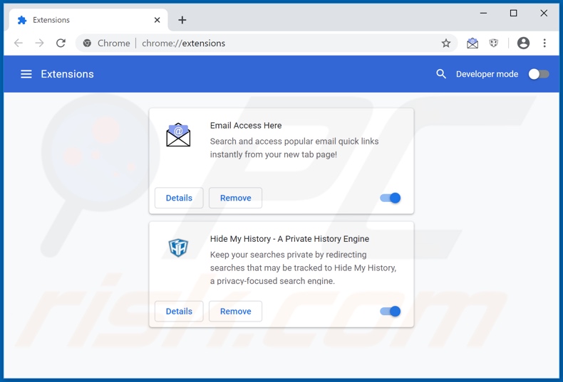 Verwijdering hp.hemailaccesshere.com gerelateerde Google Chrome extensies
