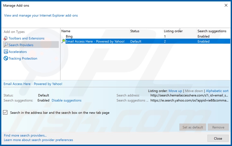 Verwijdering hp.hemailaccesshere.com uit Internet Explorer standaard zoekmachine