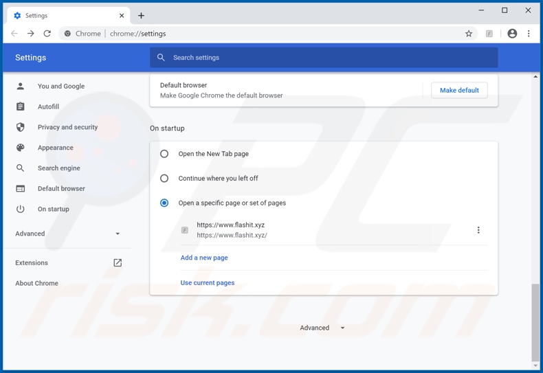 Verwijder flashit.xyz als startpagina in Google Chrome
