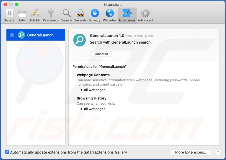 GeneralLaunch adware geinstalleerd op Safari