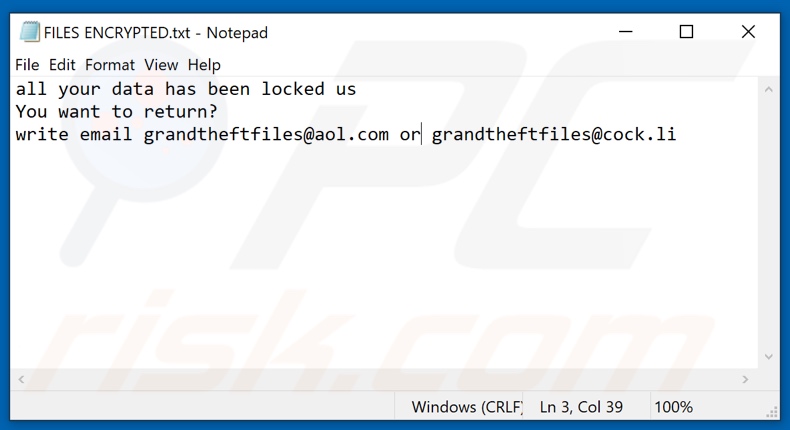 Gtf ransomware tekstbestand (FILES ENCRYPTED.txt)