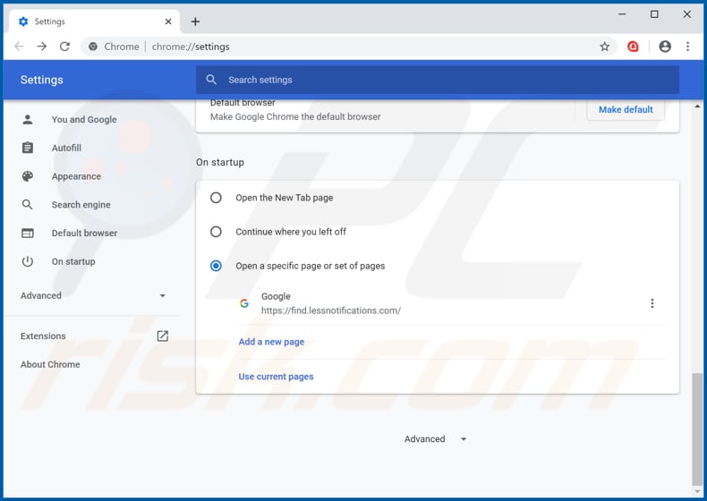 Verwijdering find.lessnotifications.com uit Google Chrome startpagina