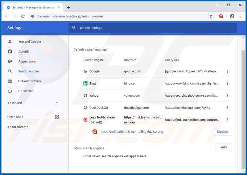 Verwijdering find.lessnotifications.com uit Google Chrome standaard zoekmachine