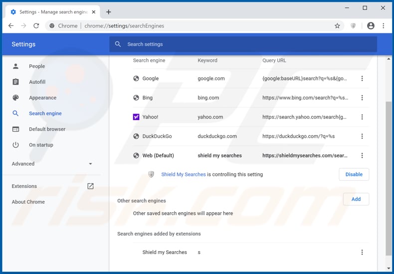Search.shieldmysearches.com verwijderen als standaard zoekmachine in Google Chrome