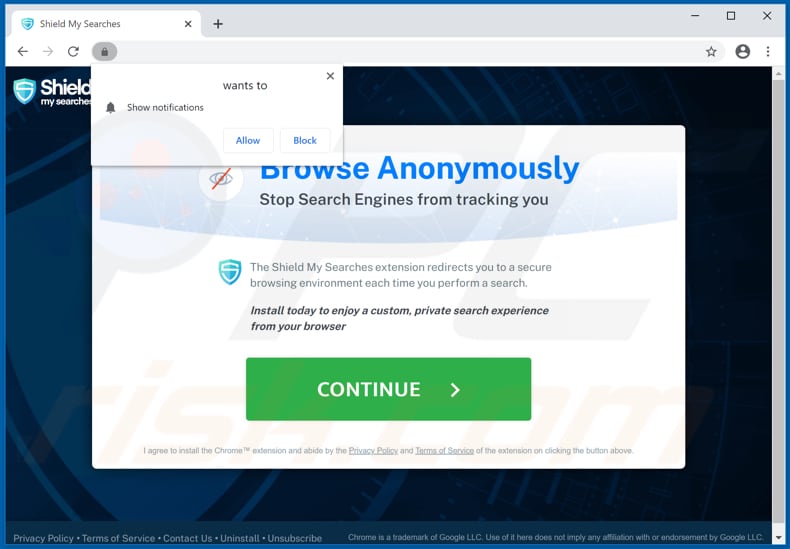 De shield my searches browserkaper wordt gepromoot op Chrome