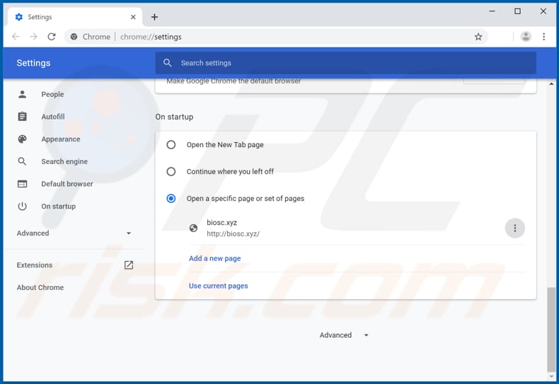 Verwijder biosc.xyz als startpagina in Google Chrome