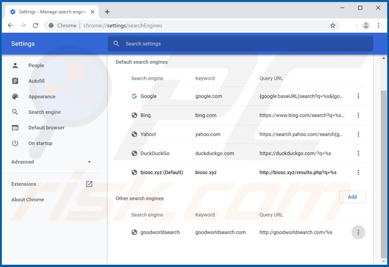 Verwijder biosc.xyz als standaard zoekmachine in Google Chrome