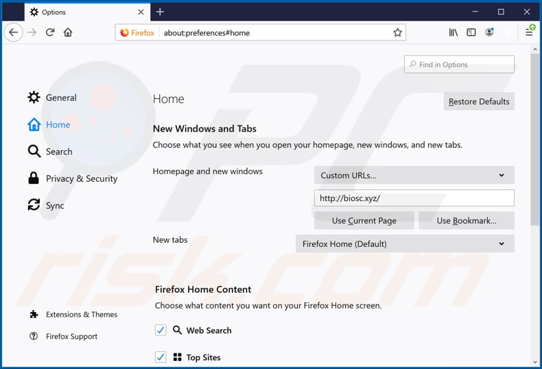Verwijder biosc.xyz als startpagina in Mozilla Firefox