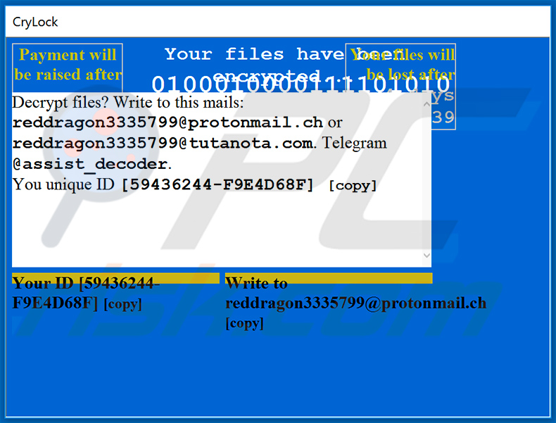 Pop-up window displayed by CryLock ransomware