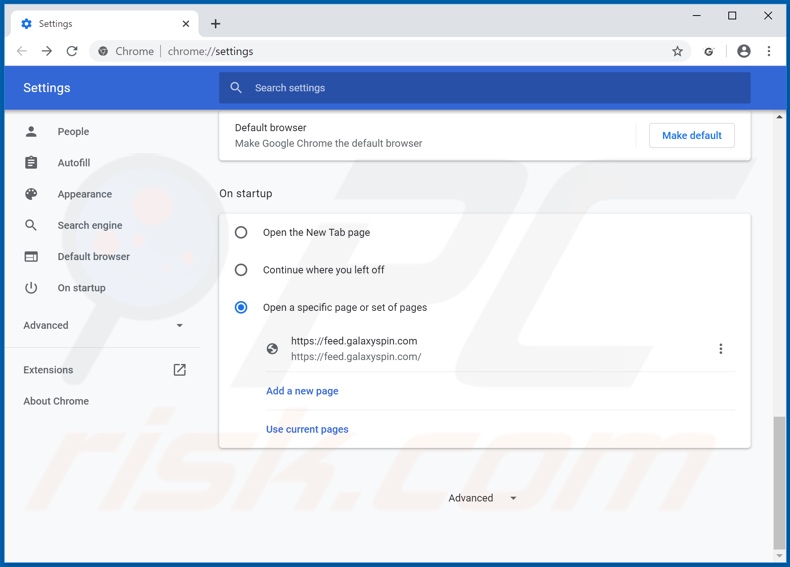 Verwijdering galaxyspin.com uit Google Chrome startpagina