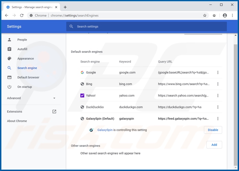 Verwijdering galaxyspin.com uit Google Chrome standaard zoekmachine