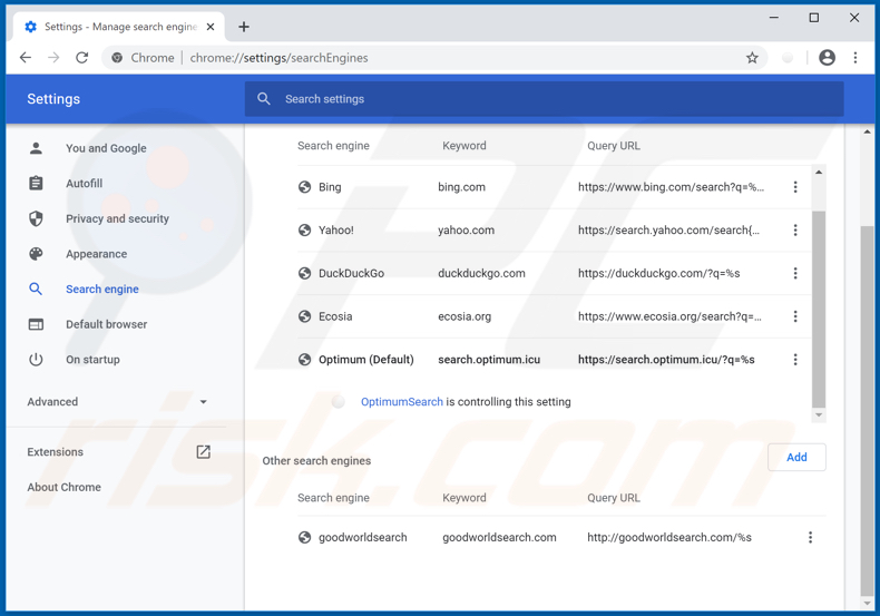 Removing unwanted address from Google Chrome default search engine