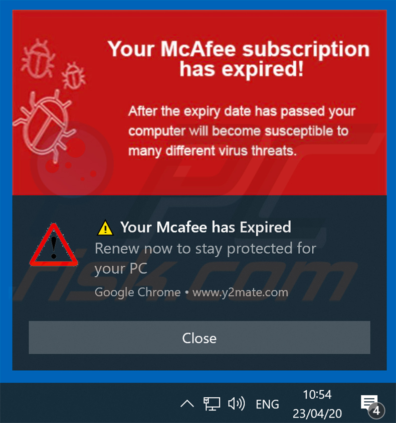 Your McAfee Subscription Has Expired pop-up scam-het promoten van browsermeldingen bezorgd door y2mate.com