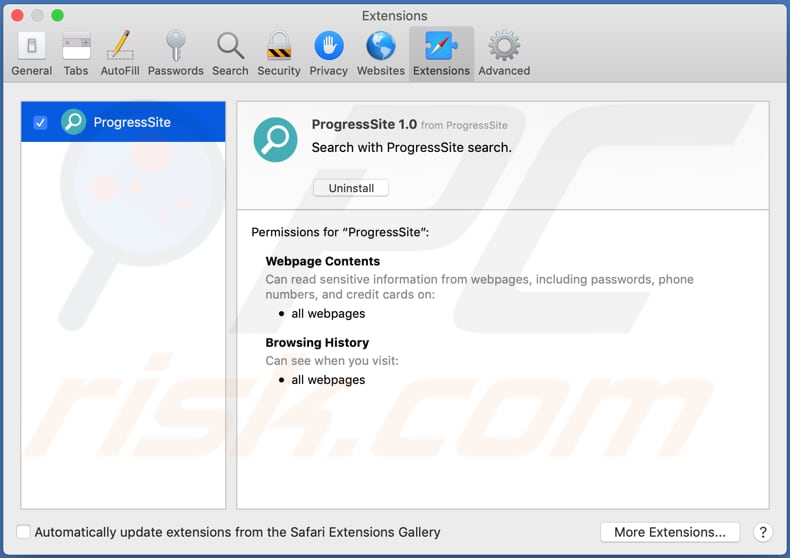 progresssite adware extensie op safari browser