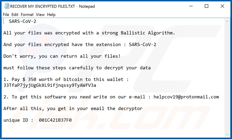 SARS-CoV-2 decryptie instructies (RECOVER MY ENCRYPTED FILES.TXT)