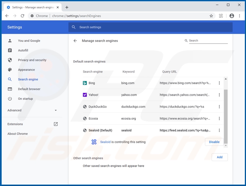 Removing feed.sealoid.com from Google Chrome default search engine