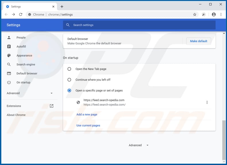 Verwijdering feed.search-opedia.com uit Google Chrome startpagina