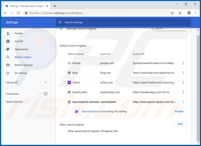 Verwijdering feed.search-opedia.com uit Google Chrome standaard zoekmachine