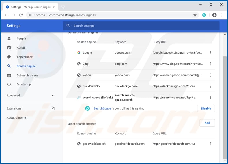 Verwijdering search-space.net uit Google Chrome standaard zoekmachine