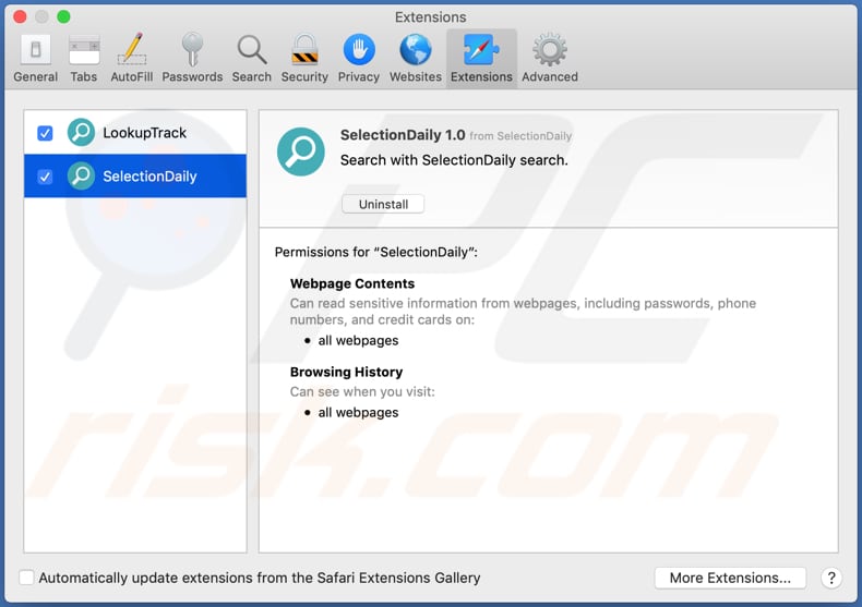 selectiondaily adware safari extensie