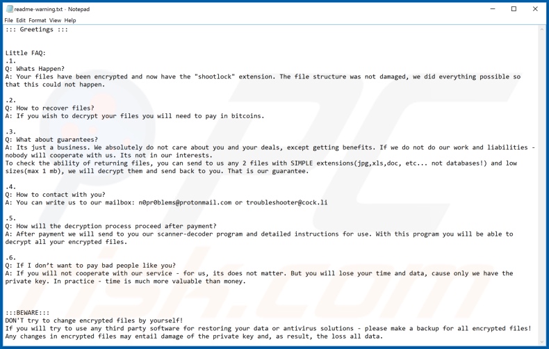 Shootlock decryptie instructies (readme-warning.txt)