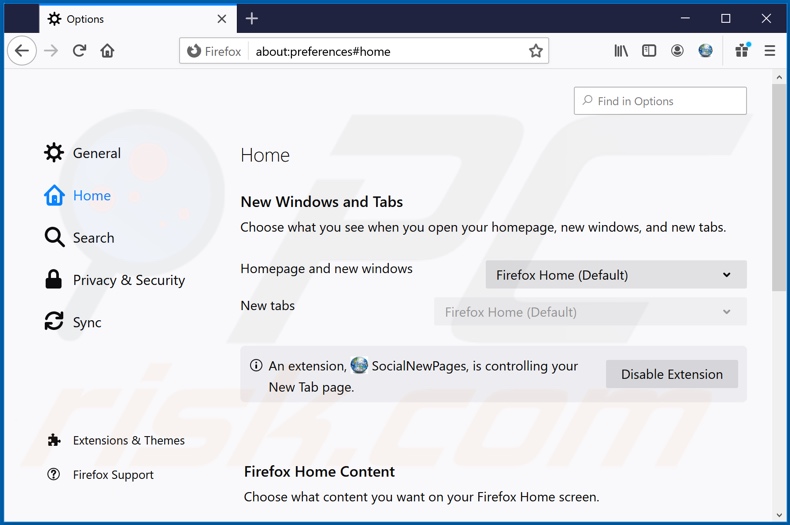 Removing search.socialnewpagessearch.com from Mozilla Firefox homepage