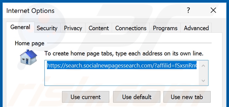 Removing search.socialnewpagessearch.com from Internet Explorer homepage