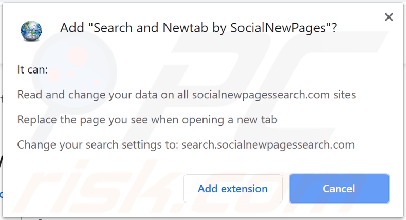SocialNewPages browser hijacker asking for permissions (Chrome)