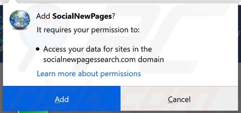 SocialNewPages browser hijacker asking for permissions (Firefox)