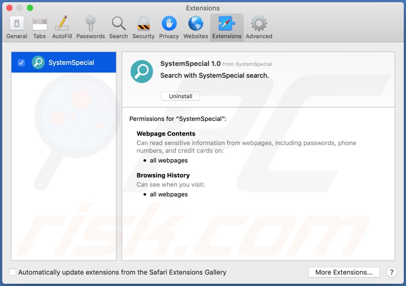 SystemSpecial adware geinstalleerd op Safari