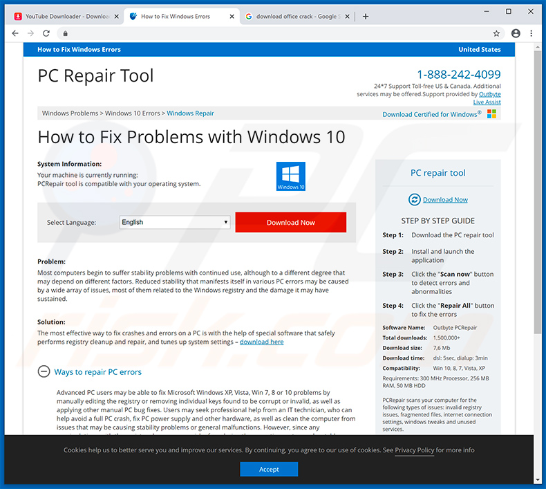 Website waarnaar Your Windows 10 is infected with 5 viruses! doorverwijst