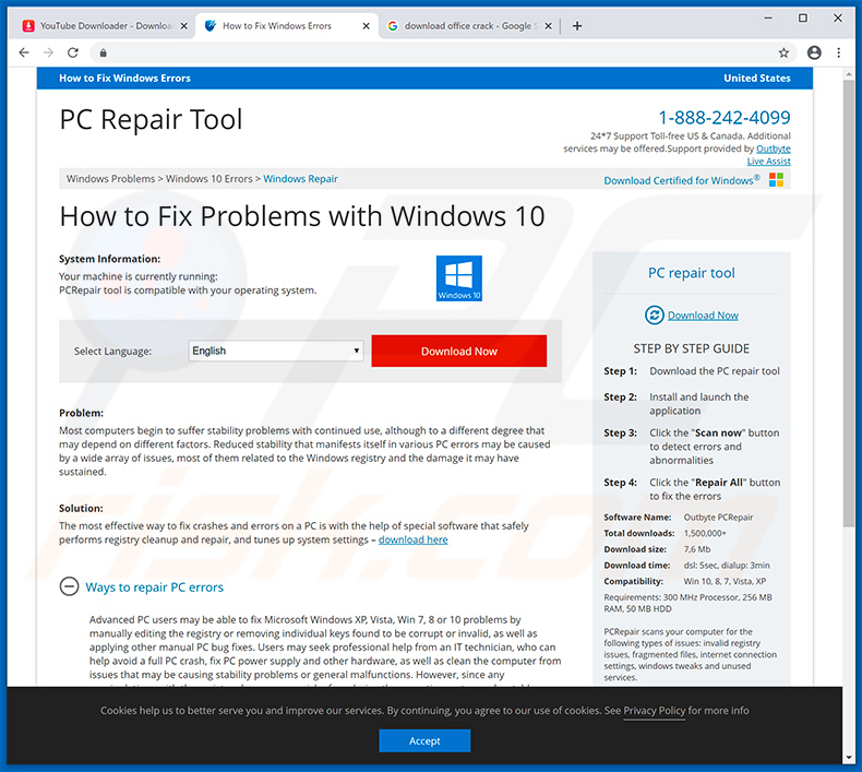 Website waarnaar Your Windows 10 is infected with 5 viruses! doorverwijst