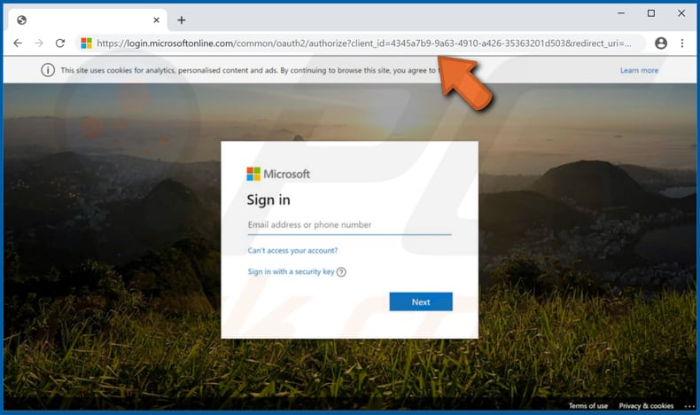 Microsoft-aanmeldingspagina die wordt gebruikt om frauduleuze applicaties toestemming te geven voor toegang tot gegevens