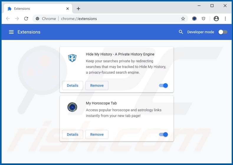 Aan hmyhoroscopetab.com gerelateerde Google Chrome-extensies verwijderen