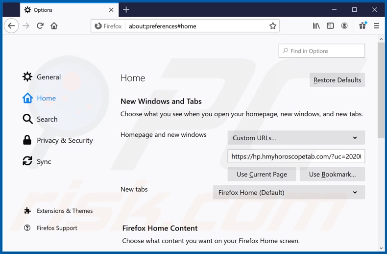 Verwijderen van hmyhoroscopetab.com uit Mozilla Firefox startpagina