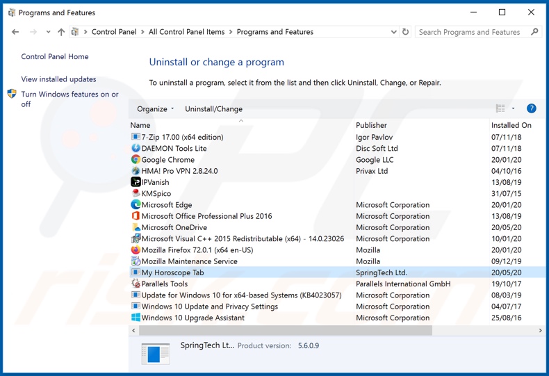 hmyhoroscopetab.com browser hijacker verwijderen via Control Panel