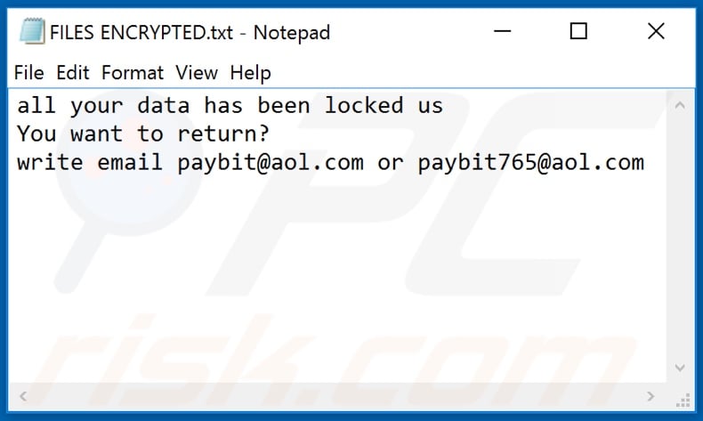 payB ransomware text file (FILES ENCRYPTED.txt)