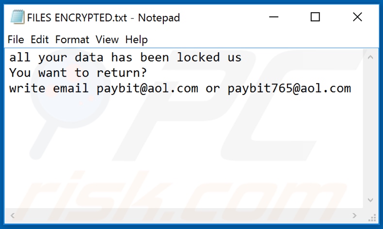 payB ransomware text file (FILES ENCRYPTED.txt)