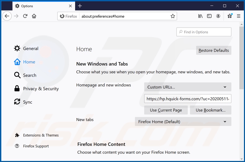 Removing hquick-forms.com from Mozilla Firefox homepage