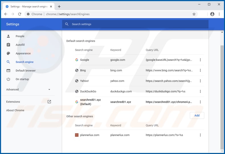 Removing searchred01.xyz from Google Chrome default search engine