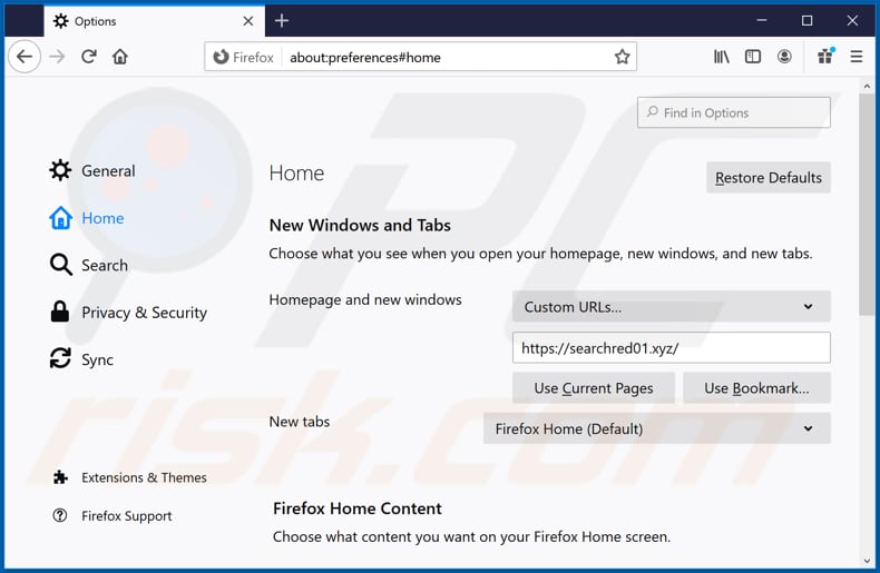 Removing searchred01.xyz from Mozilla Firefox homepage