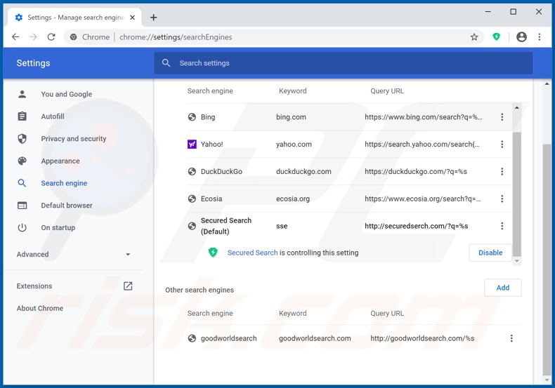 Removing securedserch.com from Google Chrome default search engine