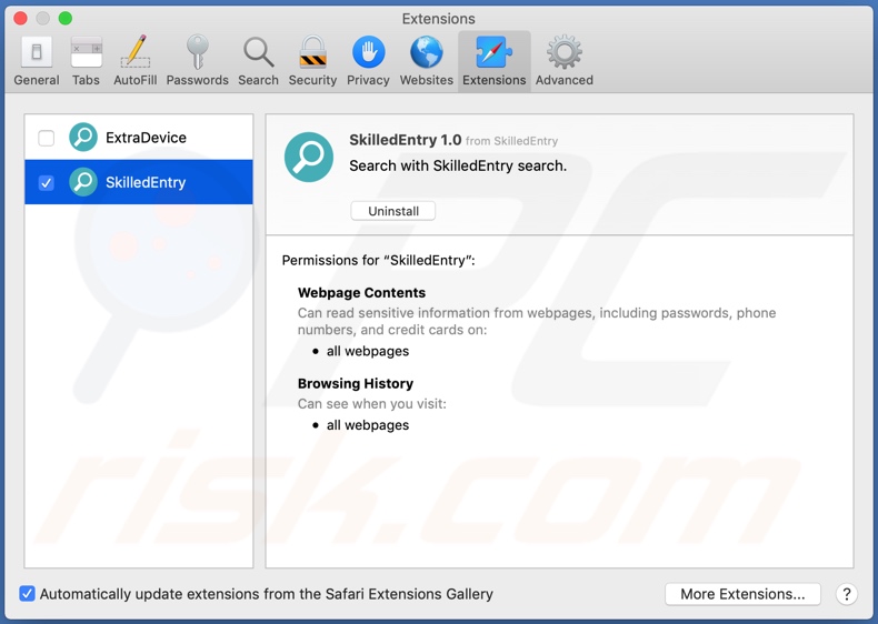 SkilledEntry adware installed on Safari
