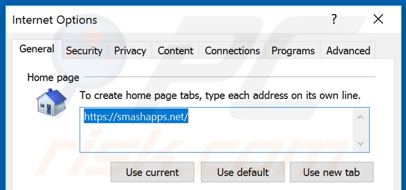 Removing smashapps.net from Internet Explorer homepage